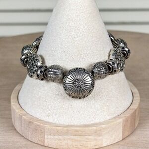 Late 90s Textural Silver Tone Artisan Bead Toggle Bracelet Oxidized Metal